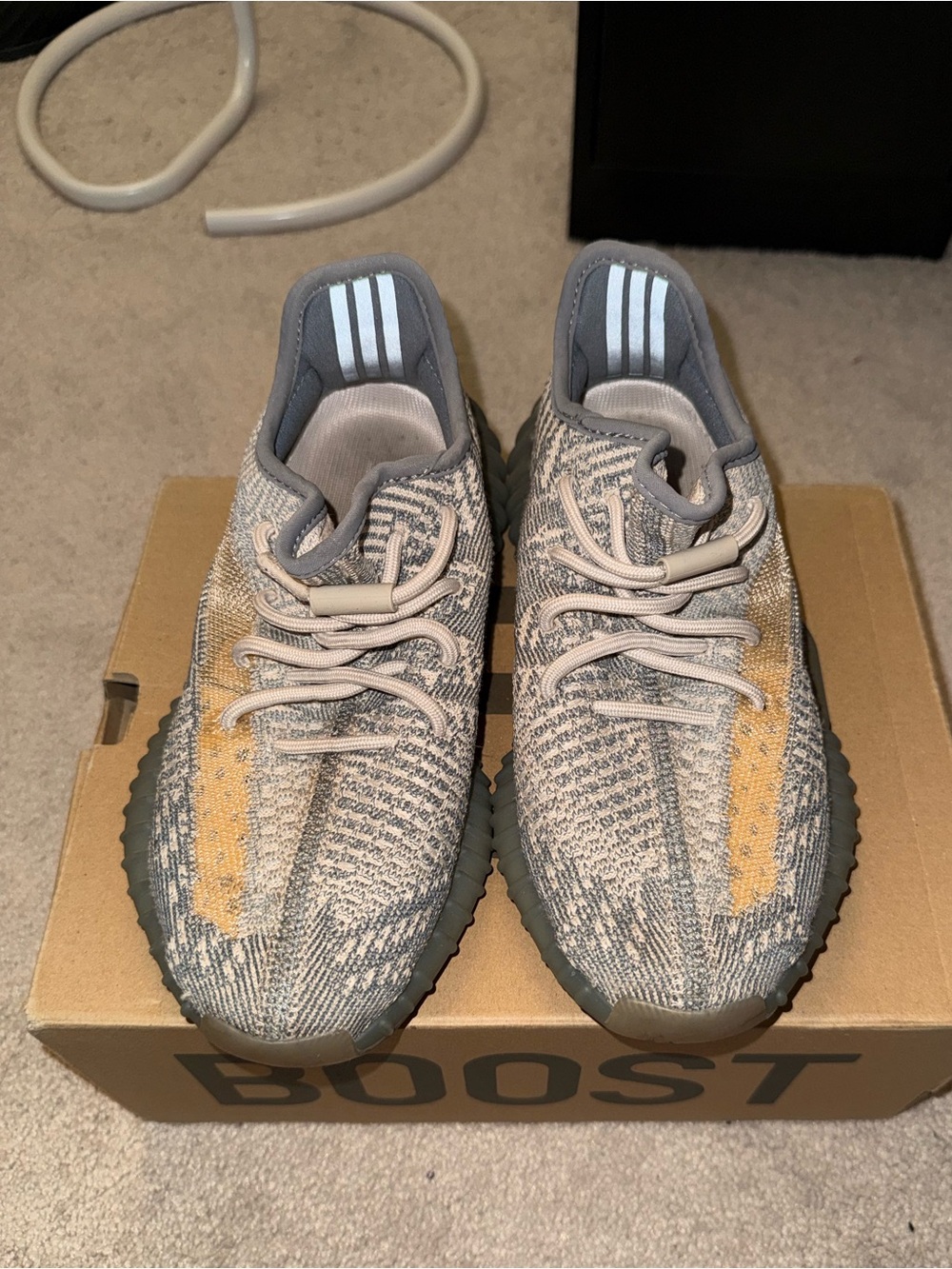 Yeezy Boost 350 V2 Gray & Yellow Stripe Knit Sneakers